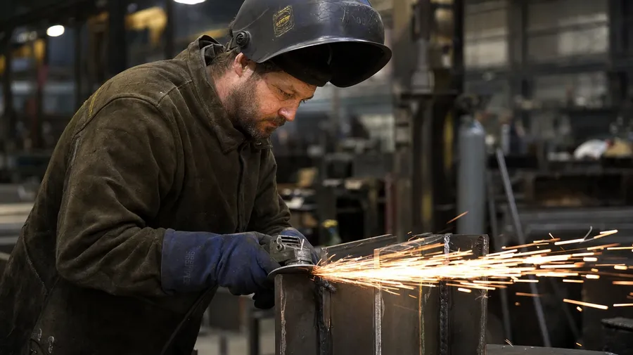 AI-generated journeyman welder grinding the cap off a freshly laid hot weld with a thick orange-spark spray.