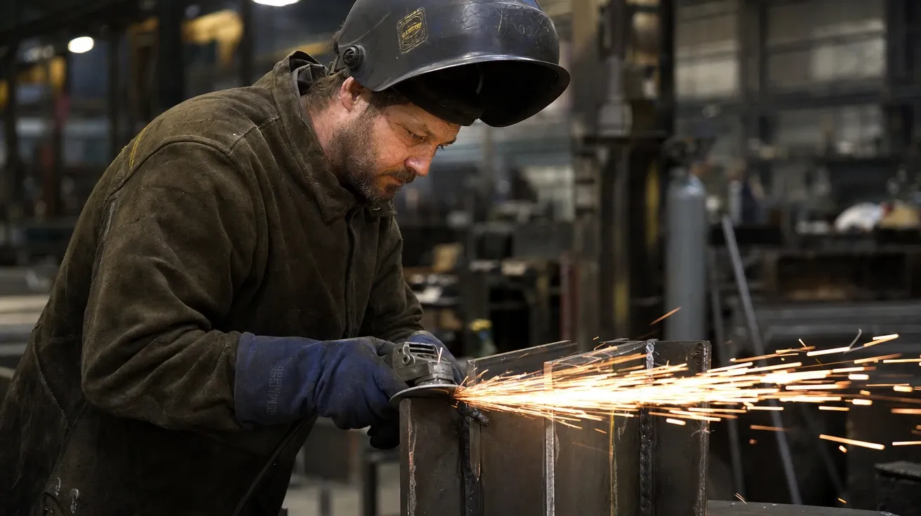 AI-generated journeyman welder grinding the cap off a freshly laid hot weld with a thick orange-spark spray.