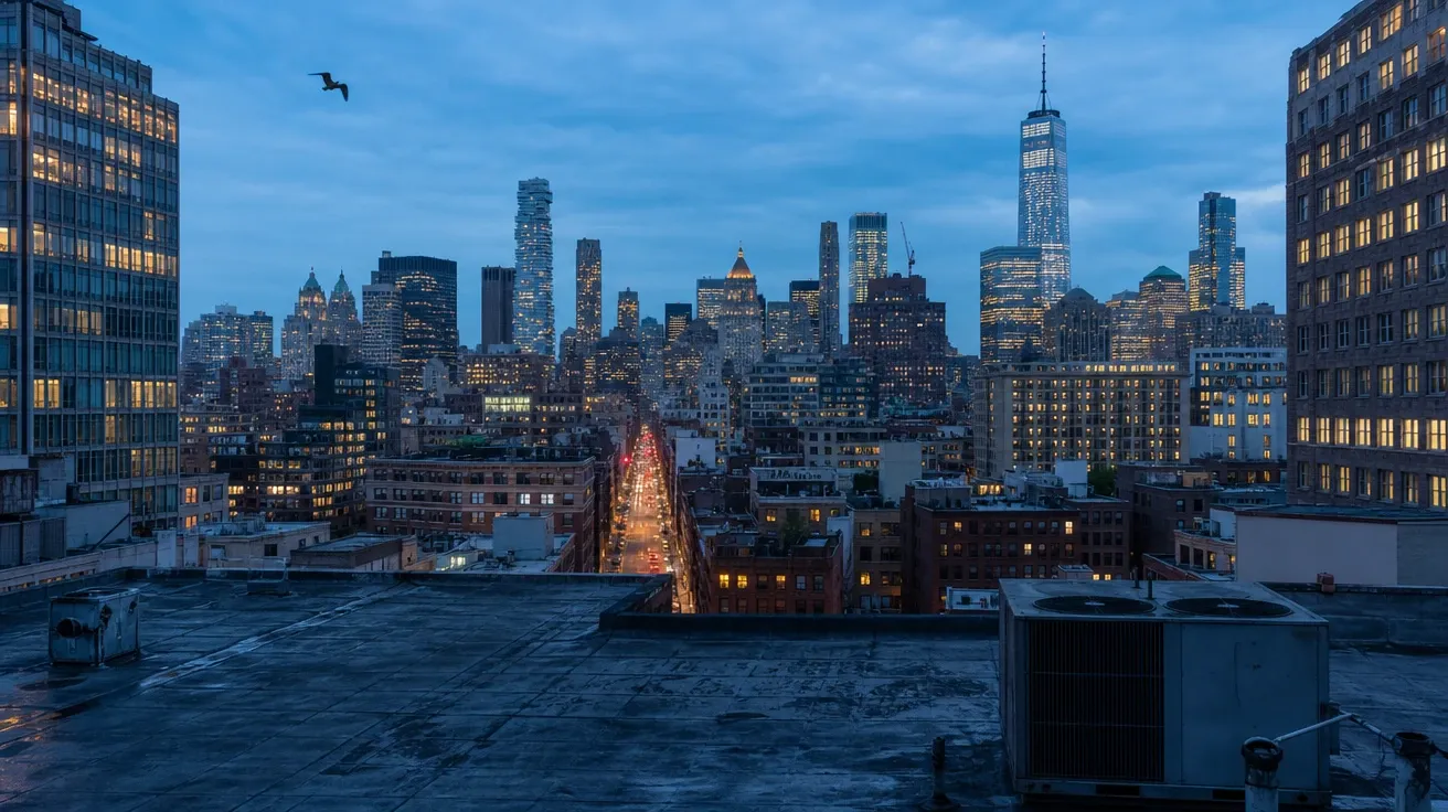 16mm wide-angle Manhattan cityscape from a Tribeca rooftop at blue hour — AI-generated wide-angle stock image.