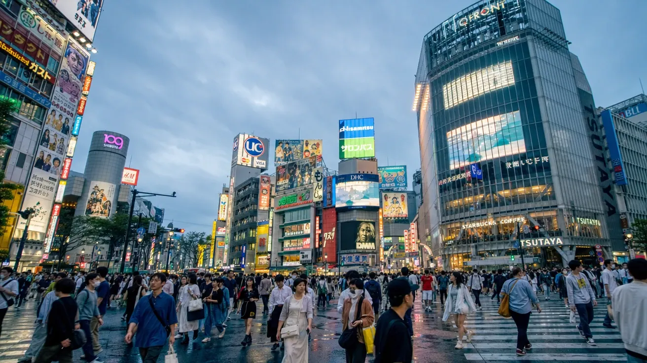 35mm Tokyo Shibuya crosswalk at dusk with pedestrians and neon reflections — AI-generated wide-angle image.