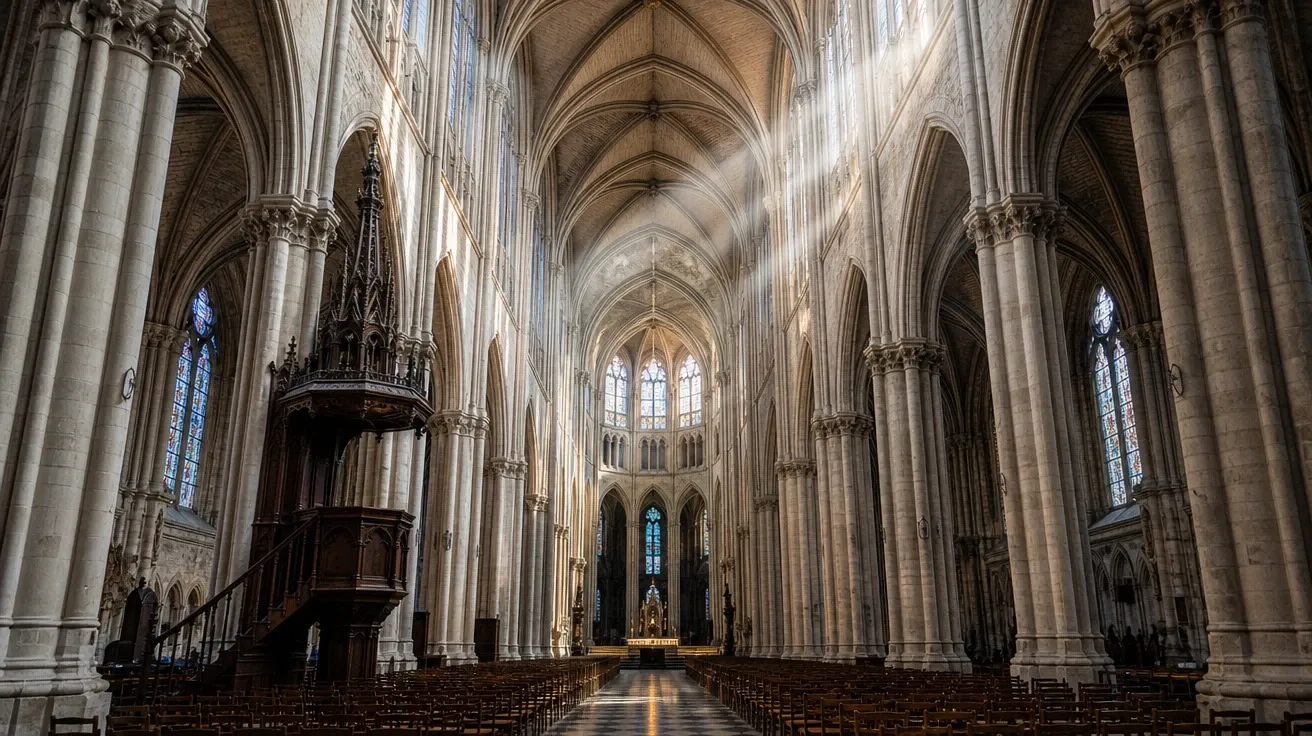 24mm wide-angle interior of a French Gothic cathedral nave at midday — AI-generated wide-angle image.