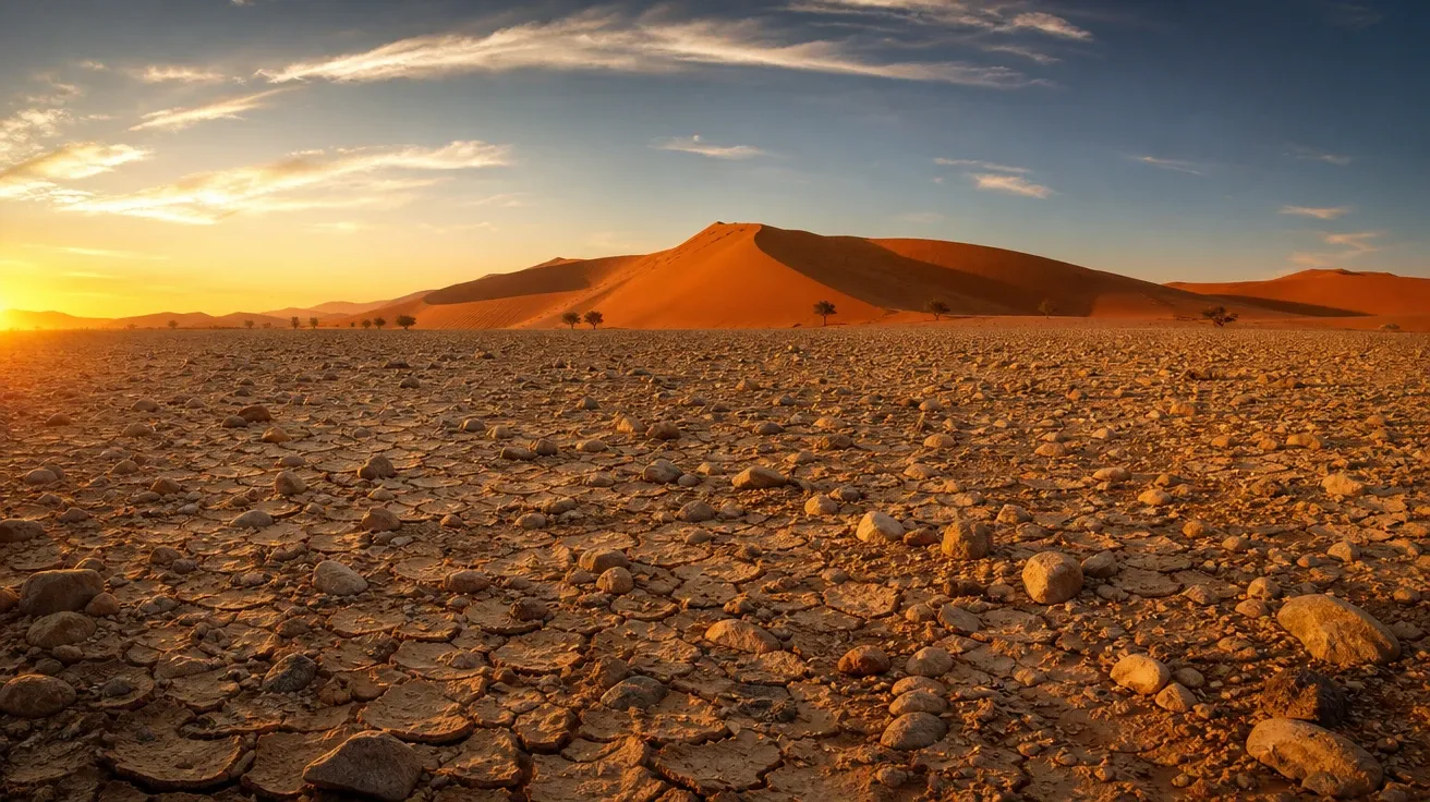 20mm wide-angle Namibian desert vista with foreground clay and red dunes at golden hour — AI-generated wide-angle image.