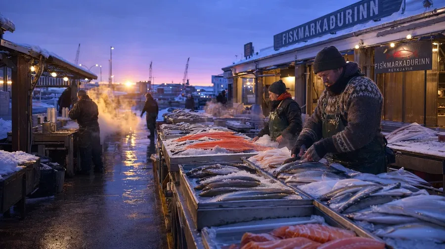 AI stock winter image: Reykjavík fish market at blue hour with geothermal steam over ice trays of cod