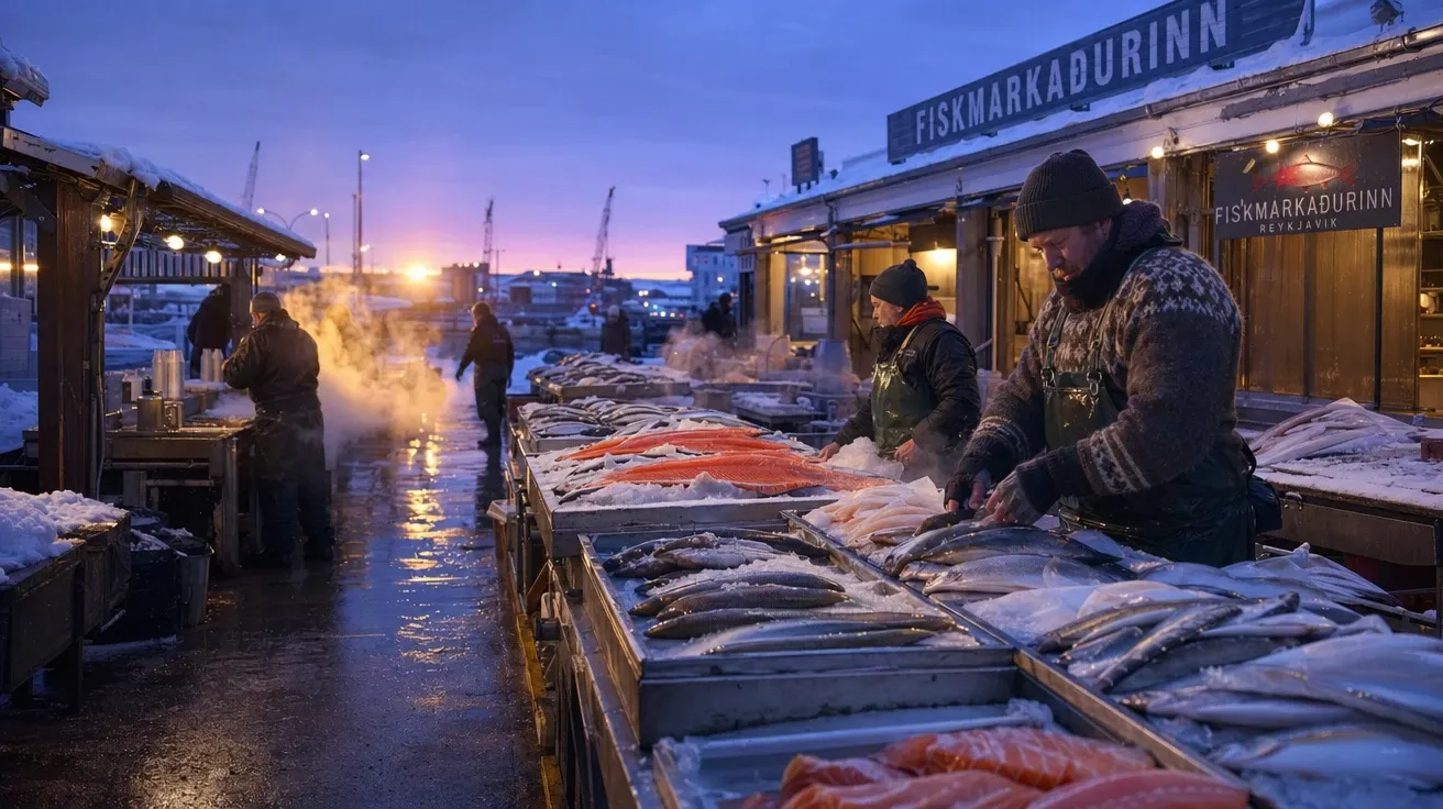 AI stock winter image: Reykjavík fish market at blue hour with geothermal steam over ice trays of cod