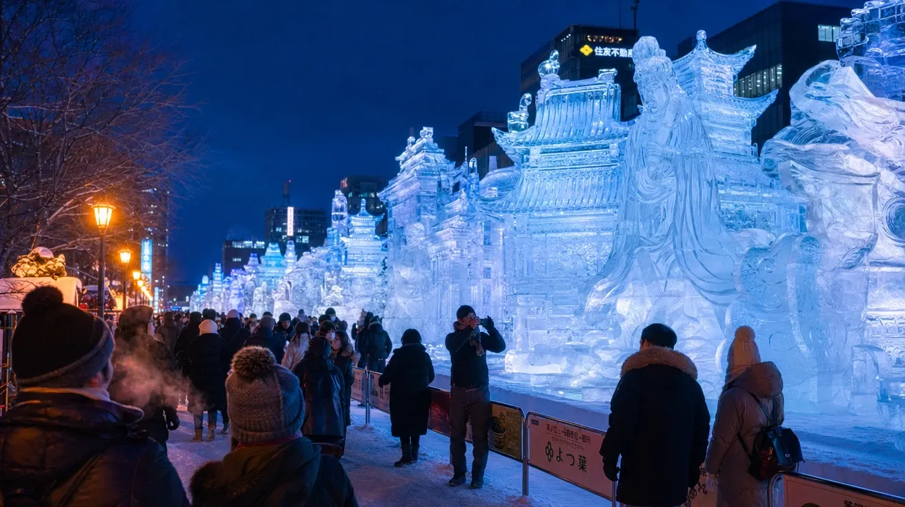 AI stock winter photo of Sapporo Snow Festival ice sculptures glowing blue at twilight with crowds