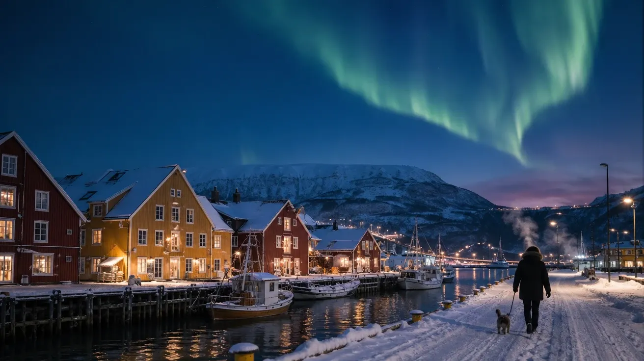 AI stock winter image of Tromsø polar night with aurora over a snow-covered Norwegian harbor street