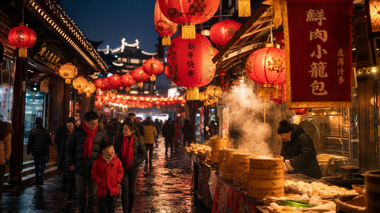 AI stock winter image of Shanghai Lunar New Year lane at night with red lanterns and steaming food stalls