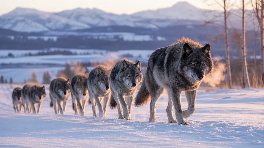 Yellowstone wolf pack moving across snow meadow at dawn with breath plumes rising, AI-generated stock wolf image.