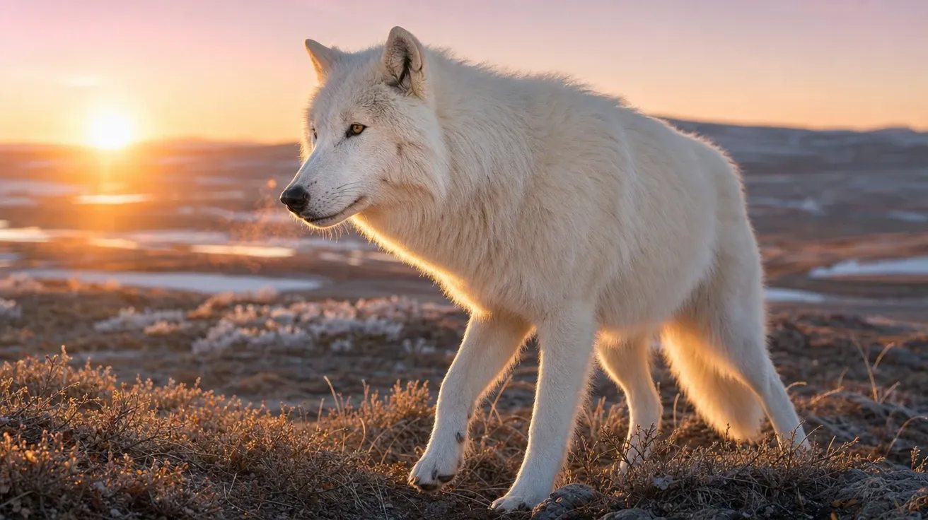 Pure-white Arctic wolf alpha on Ellesmere tundra ridge in late summer at golden hour, AI-generated stock wolf image.