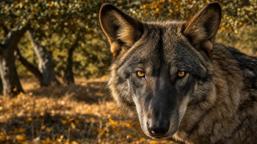Iberian wolf portrait with distinctive dark facial mask in Spanish oak savanna, AI-generated stock wolf image.