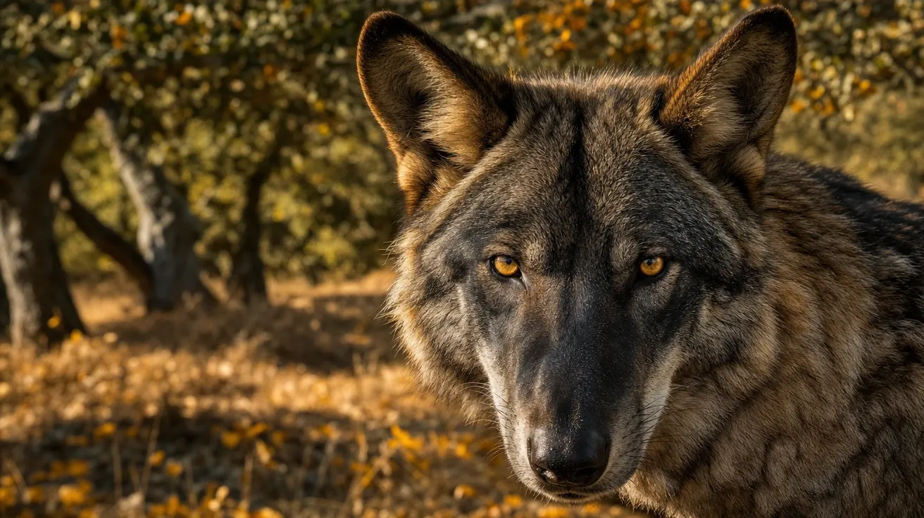 Iberian wolf portrait with distinctive dark facial mask in Spanish oak savanna, AI-generated stock wolf image.