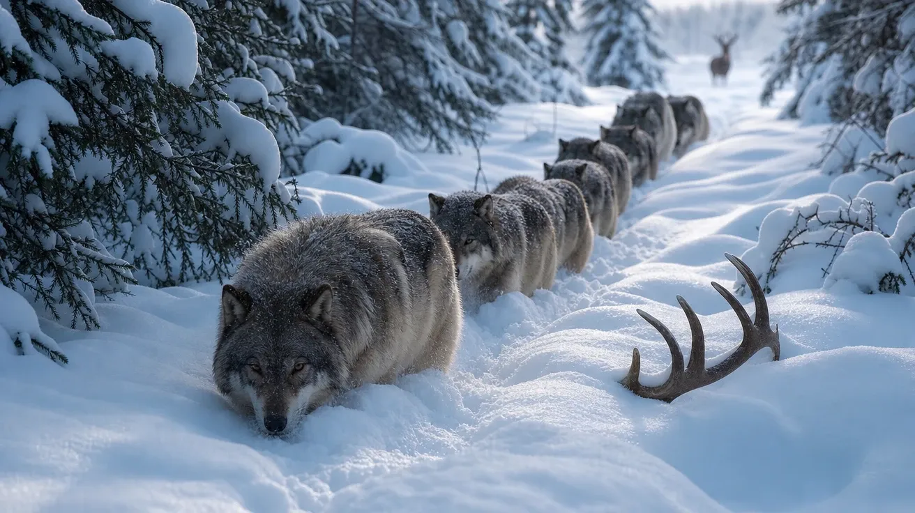 Wolf pack of seven following fresh elk track through deep boreal winter snow, AI-generated stock wolf image.