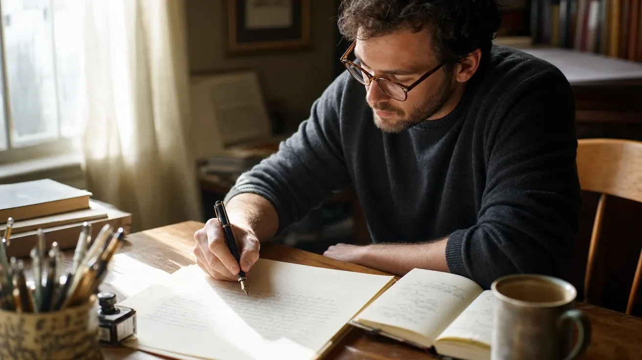 AI-generated novelist mid-sentence at a wood desk, fountain pen in hand, morning light from a tall window.