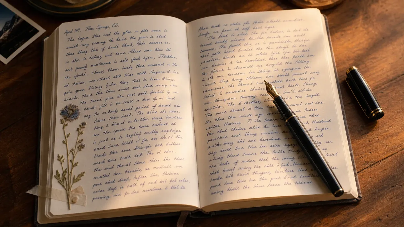 AI stock writing image of a journal spread with cursive about a road trip, fountain pen on the page.