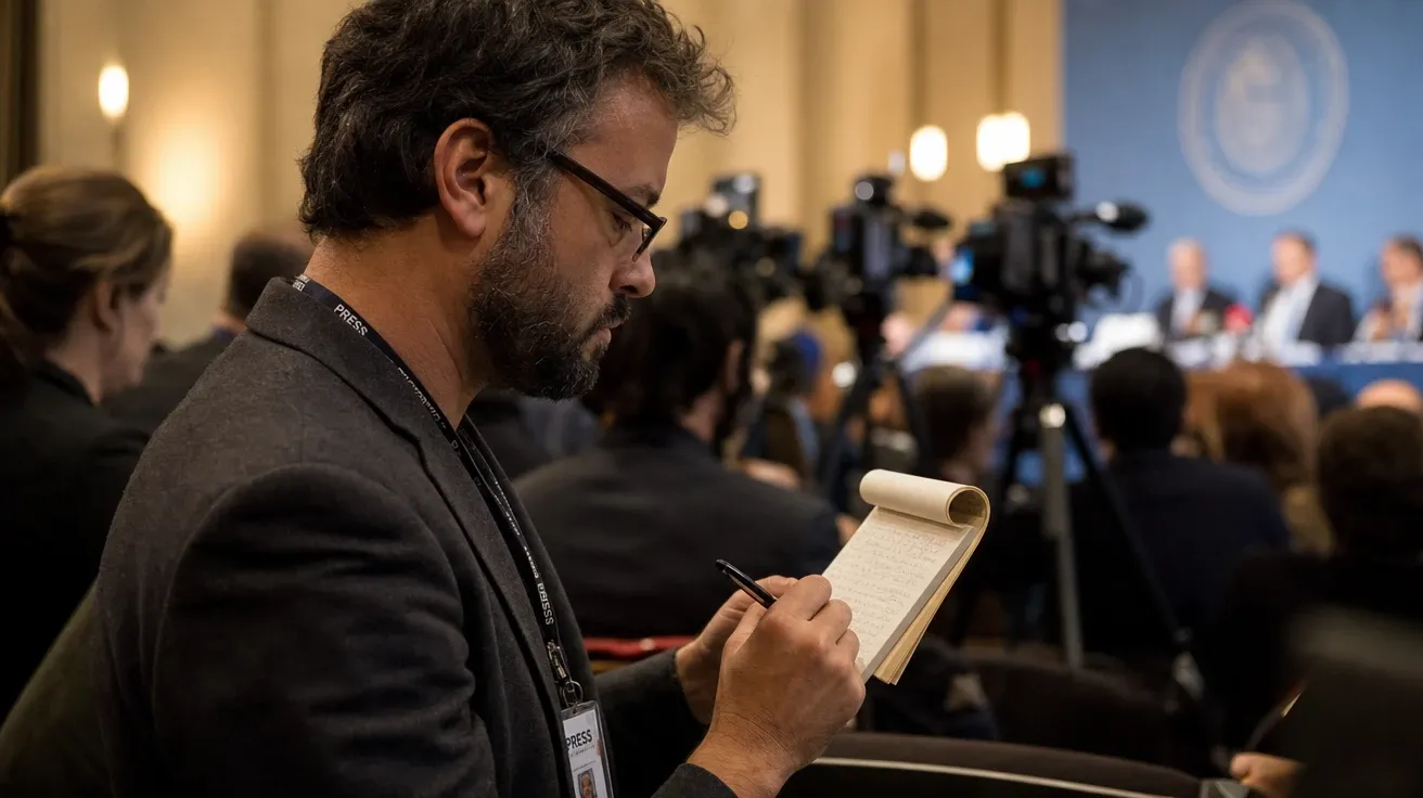 AI-generated journalist scribbling shorthand in a steno pad at the back of a press conference.