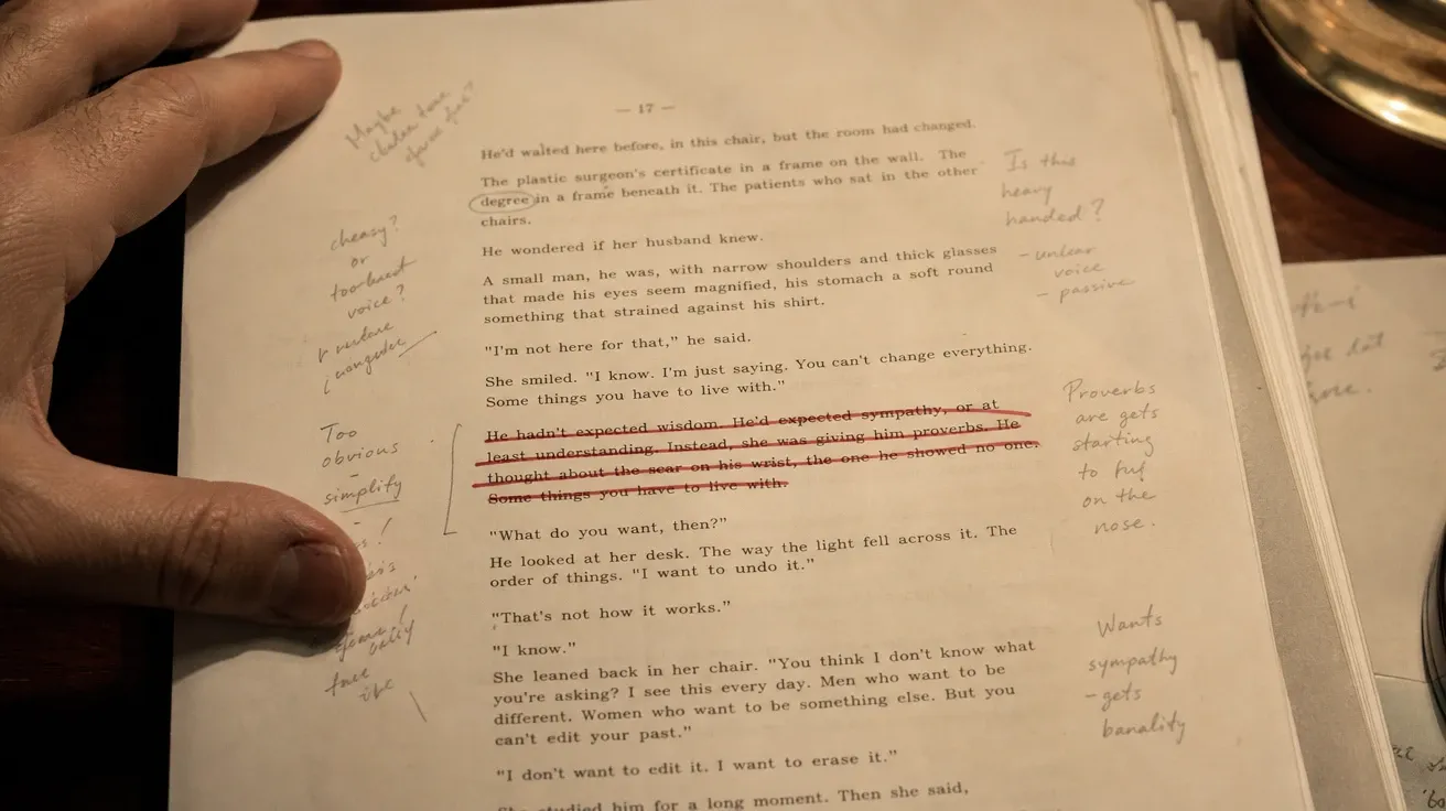 AI-generated manuscript page mid-revision with a red rollerball crossing out a paragraph.