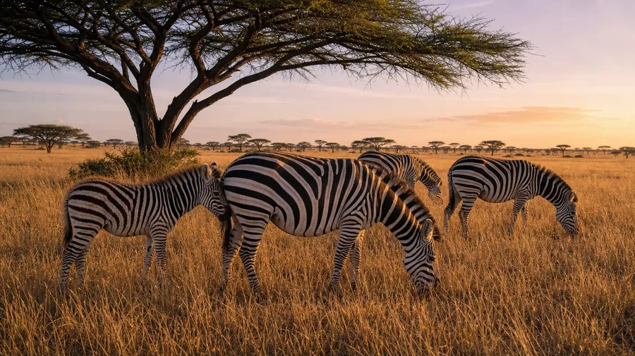 AI-generated small plains zebra family grazing under an acacia tree at Serengeti sunrise with golden grass.