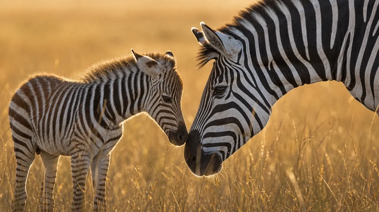 AI stock zebra image of a mother and foal touching noses in shoulder-high dry grass at golden hour.