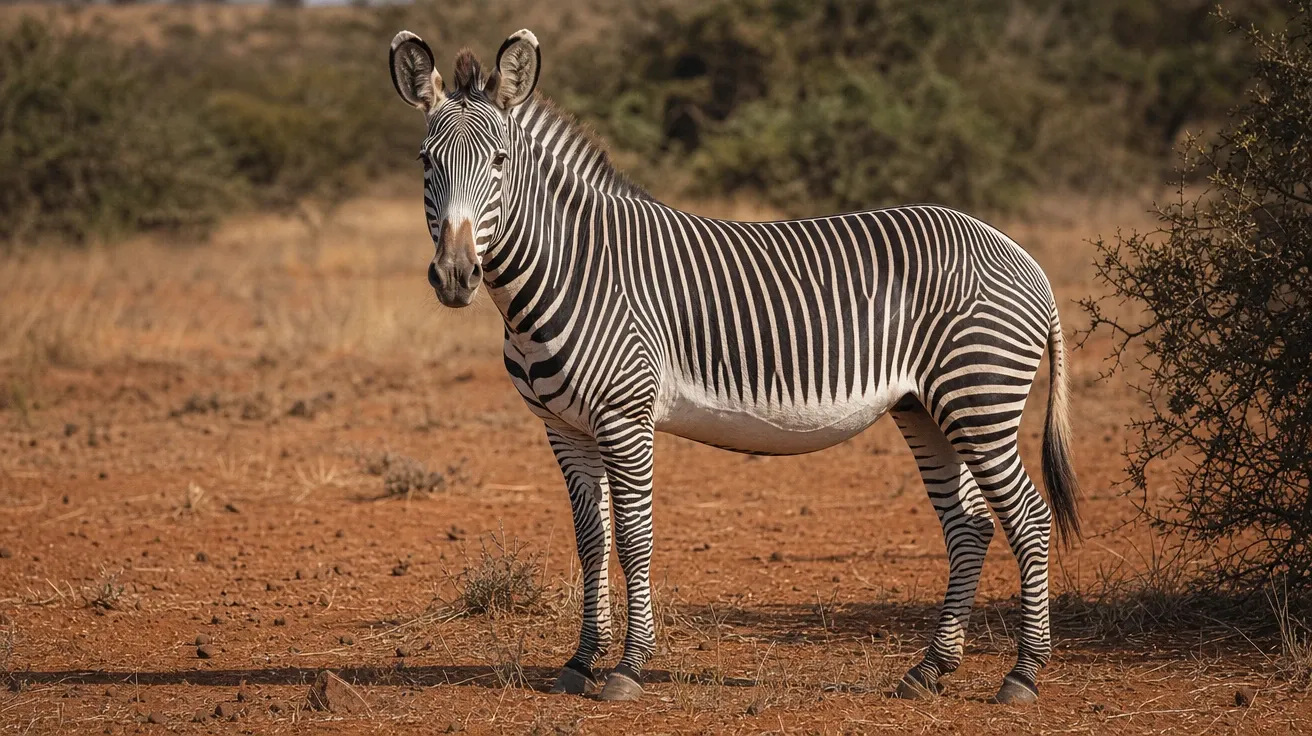 AI-generated solitary Grévy's zebra standing alert on dry Kenyan rangeland at midday with narrow stripes visible.