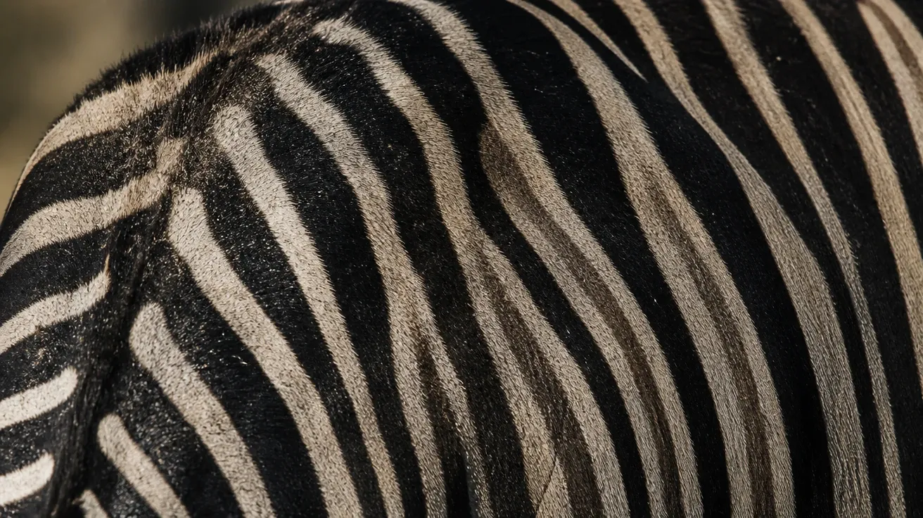 AI-generated extreme close-up macro of a plains zebra's shoulder showing the messy organic stripe-pattern variation.