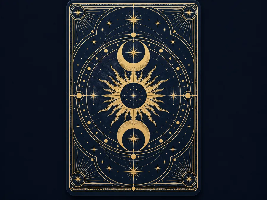 Navy card back with gold sun, crescent moons, stars and circular linework inside a fine border.