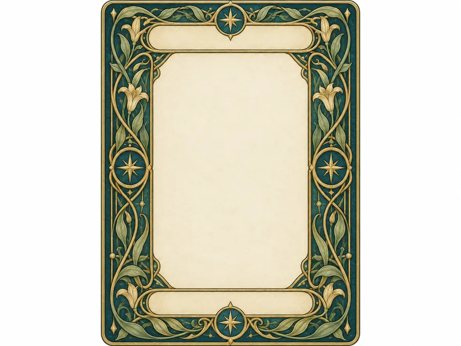 Gold vine and star border on a teal tarot card with a blank cream center and empty title bands.
