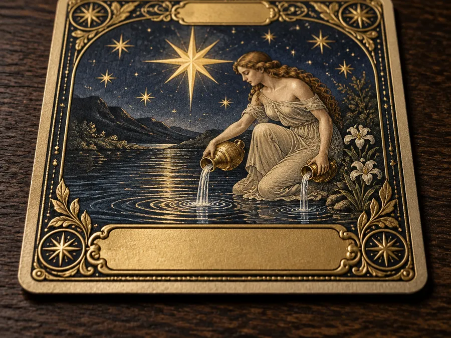 Gold-bordered card with a woman pouring water beneath a star and blank gold title plaques on dark wood.