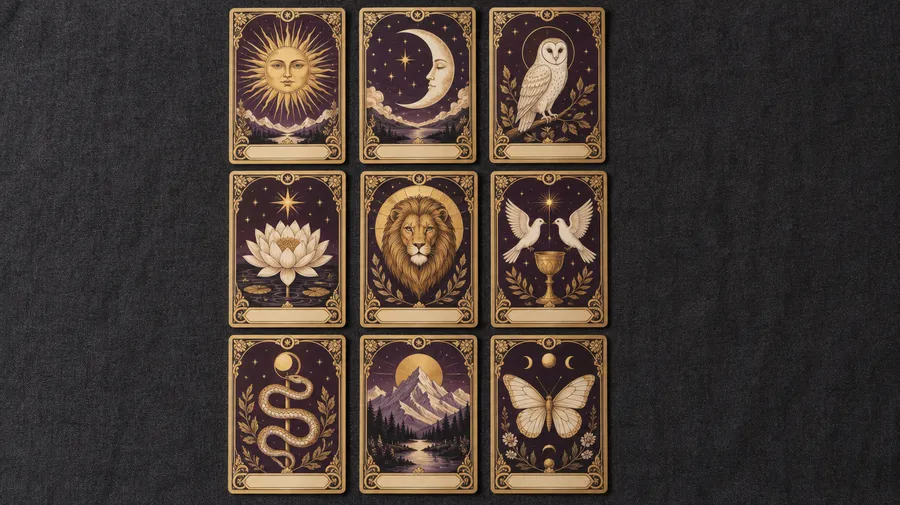 Nine plum and gold cards in a three-by-three grid, featuring a sun, moon, owl, flower and other symbols.