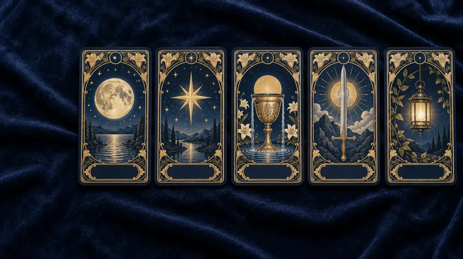 Five navy and gold tarot cards showing a moon, star, cup, sword and lantern on blue velvet.
