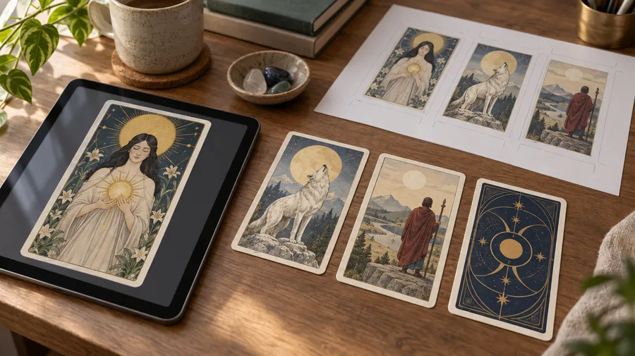 Tablet displaying tarot artwork beside printed cards, a navy card back and a sheet of card designs on a wooden desk.