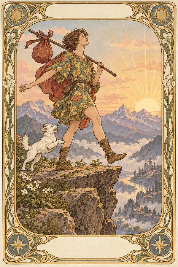 Traveler with a bundle and a white dog at a cliff edge, framed by a gold tarot border at sunrise.
