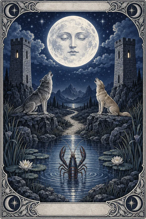 Moon with a face above two towers, two howling animals and a crayfish in water, inside a silver tarot border.