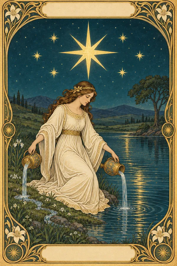 Woman pouring water from two vessels beneath a large gold star, framed by a gold floral tarot border.