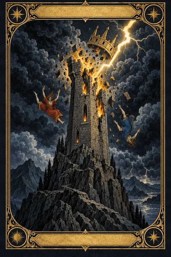 Lightning strikes a burning stone tower as its crown and two figures fall, inside a gold tarot border.