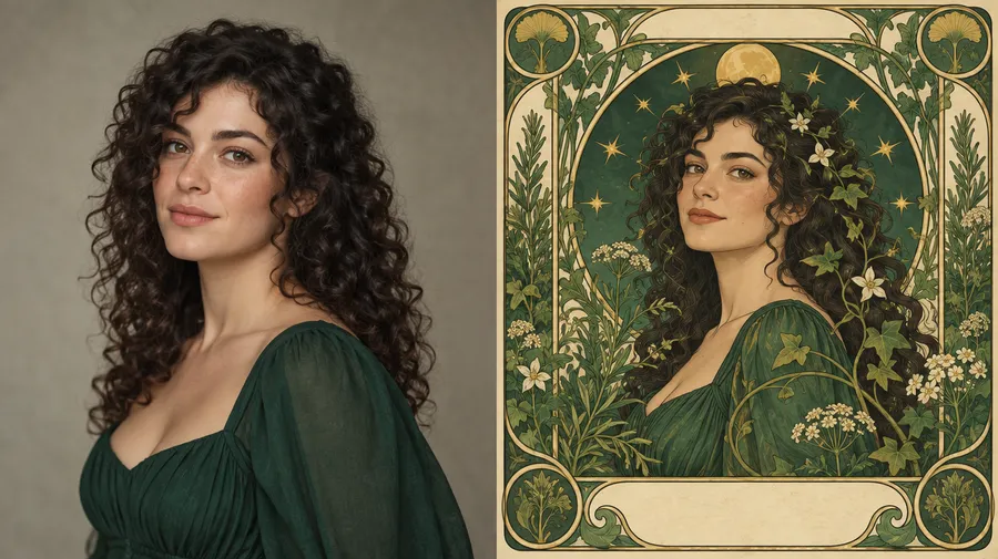 Curly-haired woman in a green dress beside an illustrated portrait of her in a gold botanical tarot frame.
