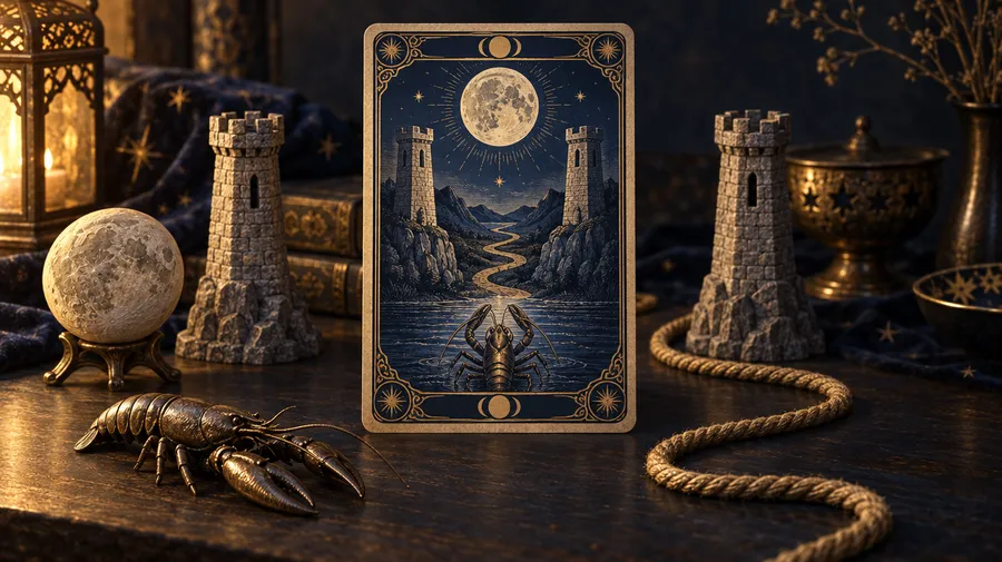 Moon tarot card on a dark table beside a moon sphere, miniature towers, crayfish ornament and winding rope.