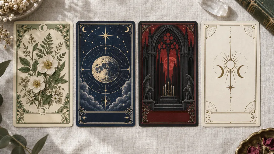 Four tarot cards on pale fabric with botanical flowers, a celestial moon, a gothic arch and minimalist symbols.