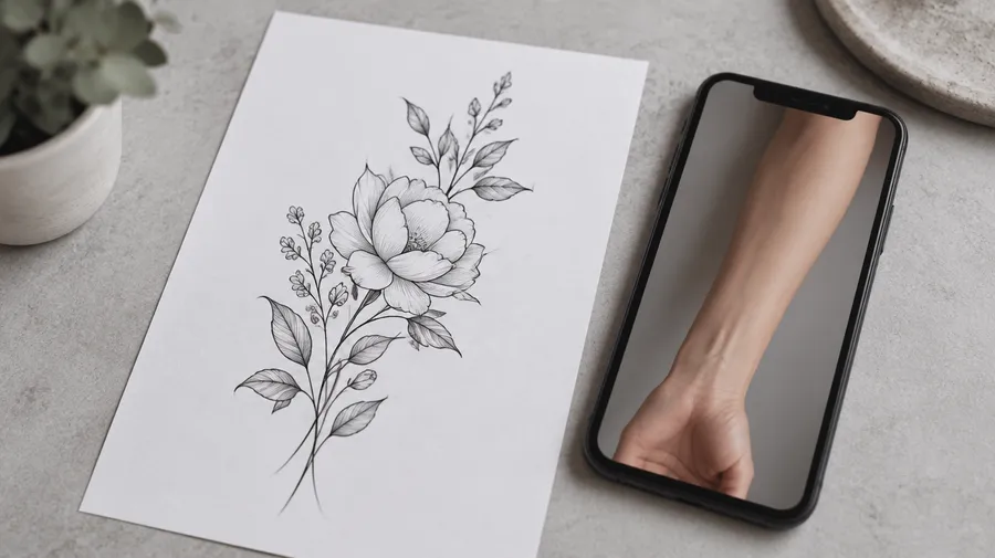 Printed fine-line floral tattoo design on paper beside a phone showing a photo of a bare forearm