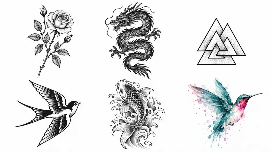 Six tattoo designs on white: rose, dragon, triangles, swallow, koi and watercolor hummingbird