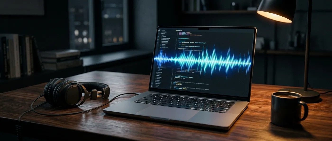 Laptop on a dark wooden desk showing lines of script text beside a glowing audio waveform, with over-ear headphones and a warm desk lamp alongside it, illustrating generating a voiceover without a recording session. Generated on getimg.ai.
