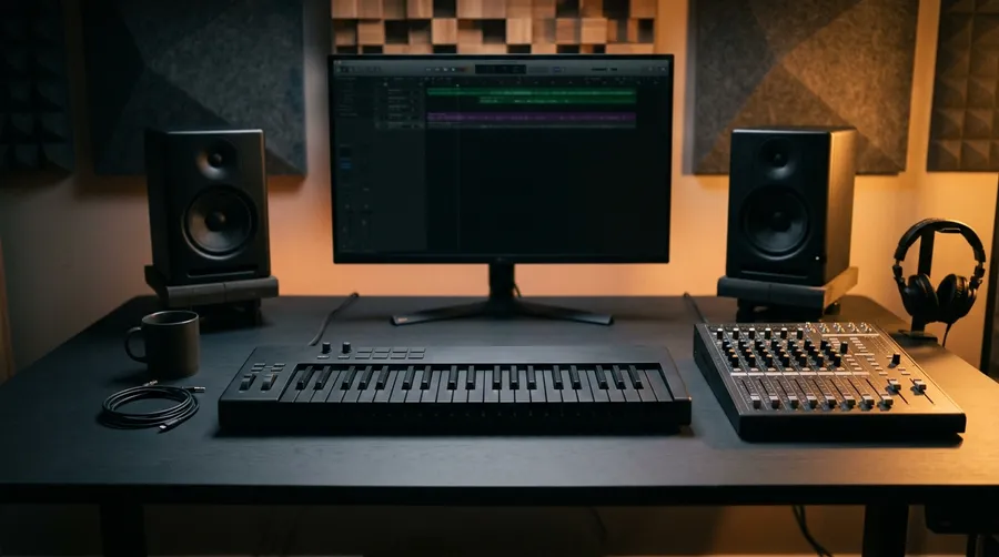 Music studio desk with a MIDI keyboard, mixing console, studio monitor speakers and a screen showing a DAW arrangement, generated on getimg.ai.