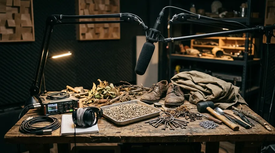 Foley workbench with a shotgun microphone on a boom arm above props including shoes, keys, a gravel tray and a field recorder, generated on getimg.ai.