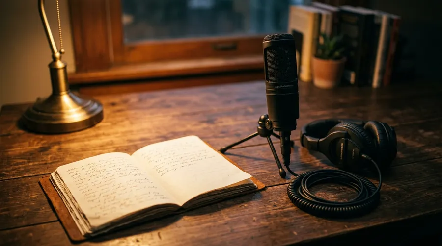 Open notebook of handwritten script pages beside a condenser microphone and headphones on a wooden desk under lamp light, generated on getimg.ai.