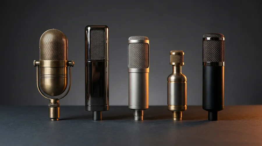 Five studio microphones in different vintage and modern designs lined up on a dark grey surface, generated on getimg.ai.