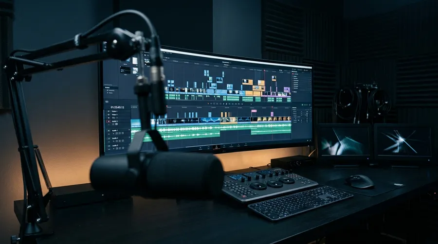 Ultrawide monitor in a dark studio showing a video editing timeline with audio waveform tracks, a podcast microphone in the foreground, generated on getimg.ai.