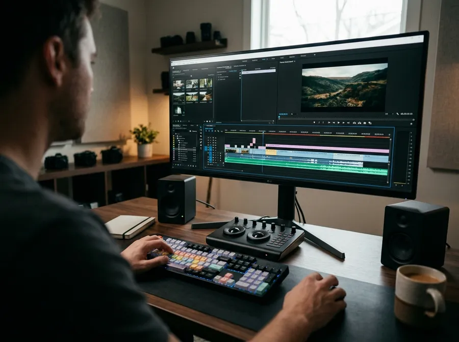 Editor working in a multi-track video timeline with the original project open