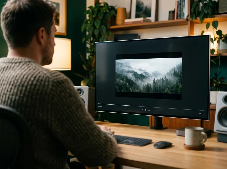 Editor reviewing a single finished video clip with no timeline, ready to upscale