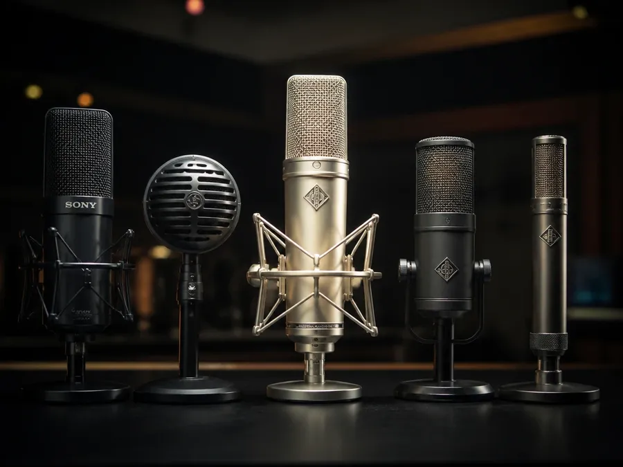 Five studio microphones in a row on a dark desk with one lit brighter than the others, illustrating choosing a voice from a library. Image generated with getimg.ai.