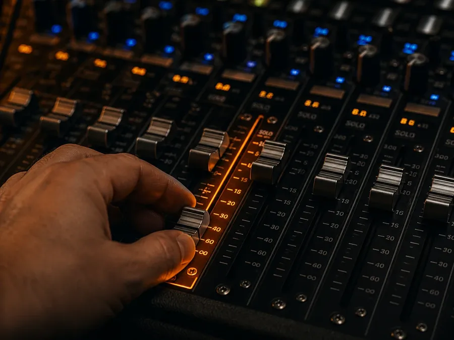 A hand on a single lit fader of a small mixing desk, illustrating directing the delivery of a voice read. Image generated with getimg.ai.