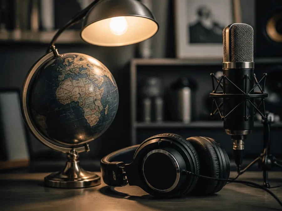 A desk globe next to studio headphones and a microphone under a warm lamp, illustrating generating speech from scripts in different languages. Image generated with getimg.ai.